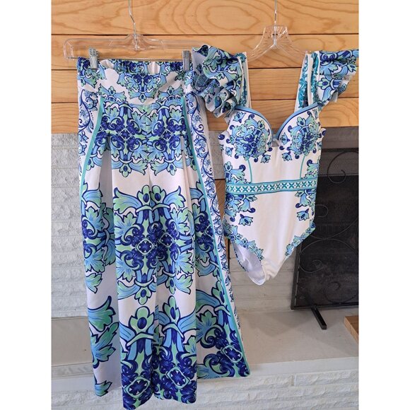 Flaxmaker Other - Flaxmaker Majolica Ruffle Print One-Piece Swimsuit & Pants Set Underwire Medium
